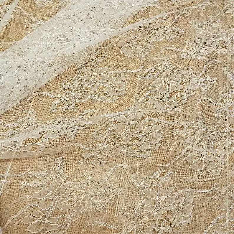 flower Embroidery French lace fabric Ivory tulle For Girl Dress Tutu Dress Wedding Dress Bridal Veil 1 yard