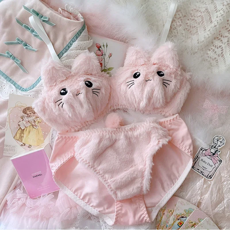 

Sweet Cute Cat Wire Free Comfortable Bra Set Cartoon Animie Underwear Suit Sexy Lace Plush Emroidery Women Lingerie Brifes