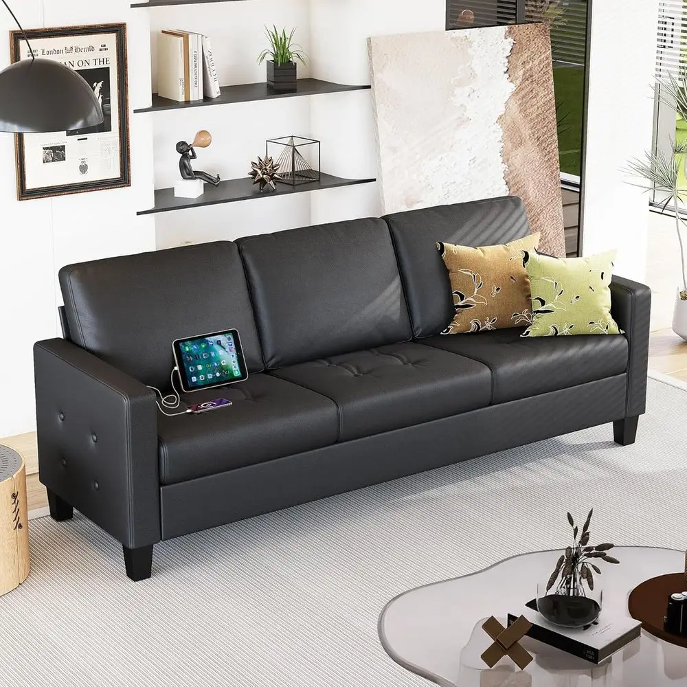 

73 Black Leather 3-Seater Sofa with Tufted Armrest and USB Port, Ideal for Living Room or Bedroom