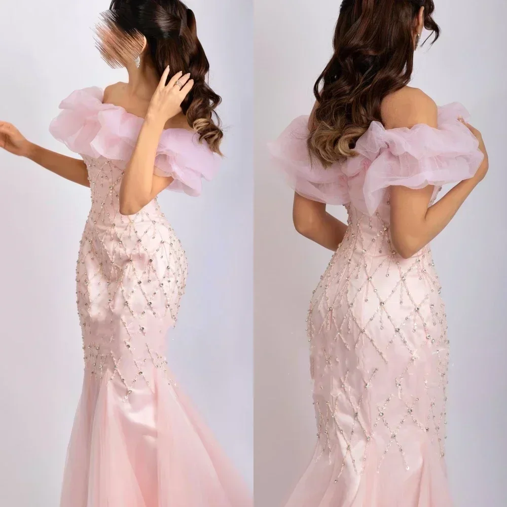 Eleganckie suknie wieczorowe z odkrytymi ramionami, syreni krój, zdobione kryształkami i koralikami, wysokiej jakości suknie balowe dla kobiet, szyte na miarę.