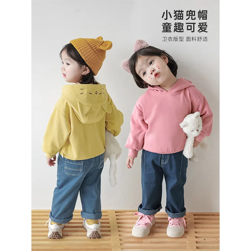 

Girls' Hat Pocket Cute Sweatshirt Children's Korean Cartoon Loose Long Sleeve Top 2023 Autumn Clothes