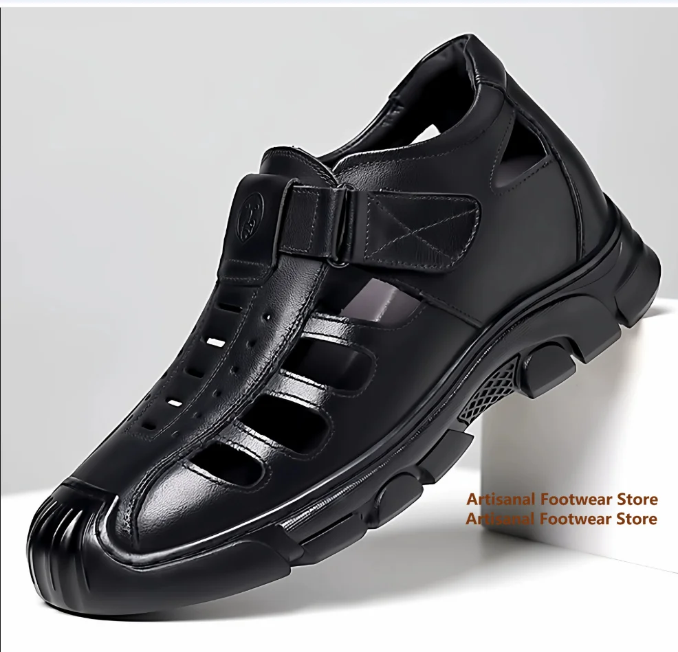 8cm Closed Toe Men's Leather Sandals Breathable Hollow-Out Shoes Inner Height Increasing Shoes Outdoor Casual Walking Sandals