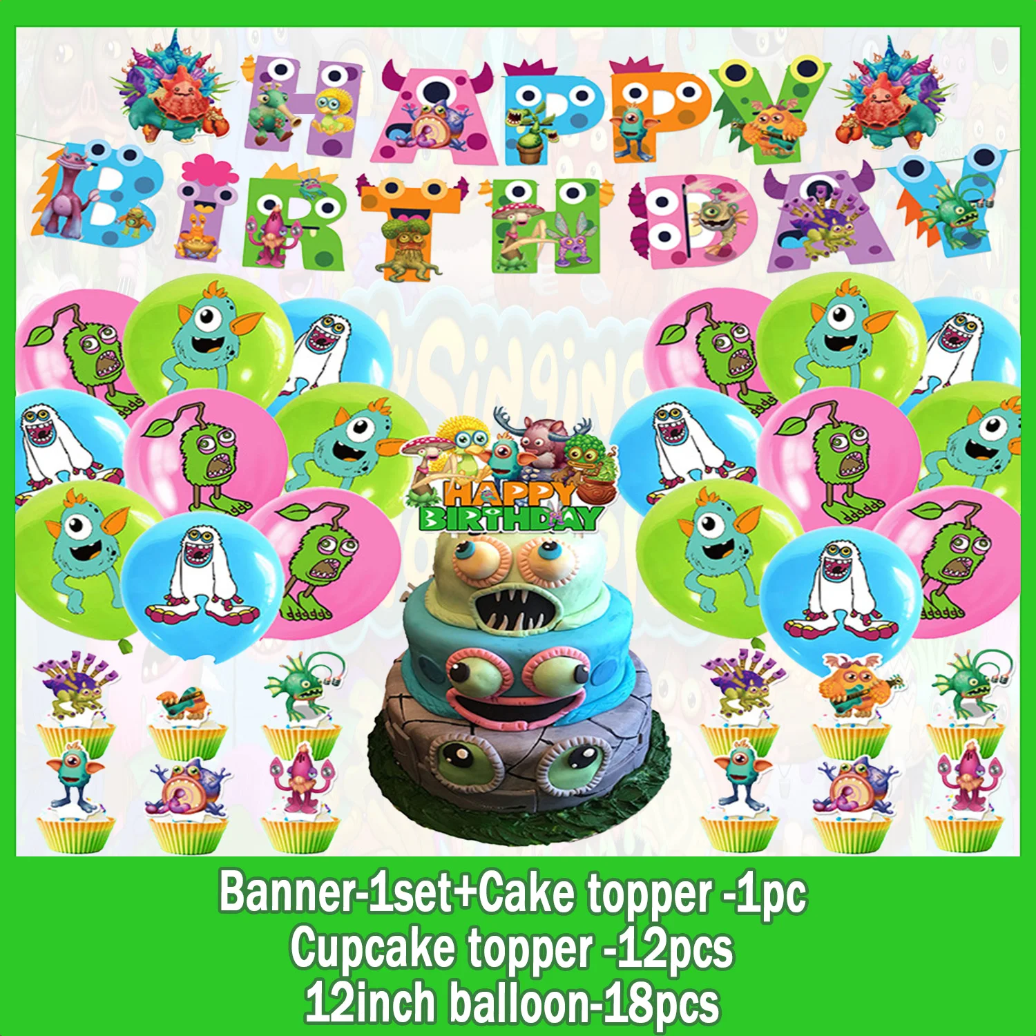 Cartoon My Singing Monsters Themen-Geburtstags-Tischset Banner Teller Becher Servietten Monster-Hintergrund Kinder Jungen Geburtstagsparty Zubehör – Detail 6