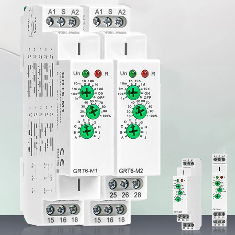 GRT6-M2 Multifunction Time-Relay 2SPDT Adjustable Power Timer Delay-OFF Relay Features 10 Adjustable Delay Modes
