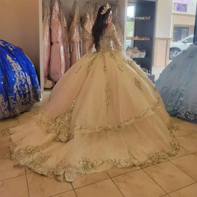 فستان فاخر Quinceanera الشمبانيا ، الدانتيل زين ، ثوب الكرة الكريستال ، فستان حفلة الأميرة الحلو