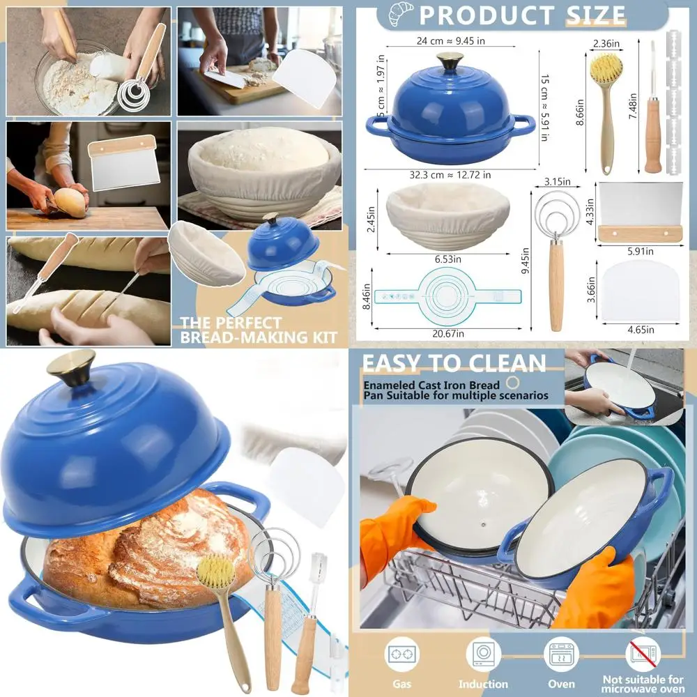 

4.7L Blue Enameled Cast Iron Dutch Oven with Lid and Bread Proofing Basket for Sourdough Baking and Roasting