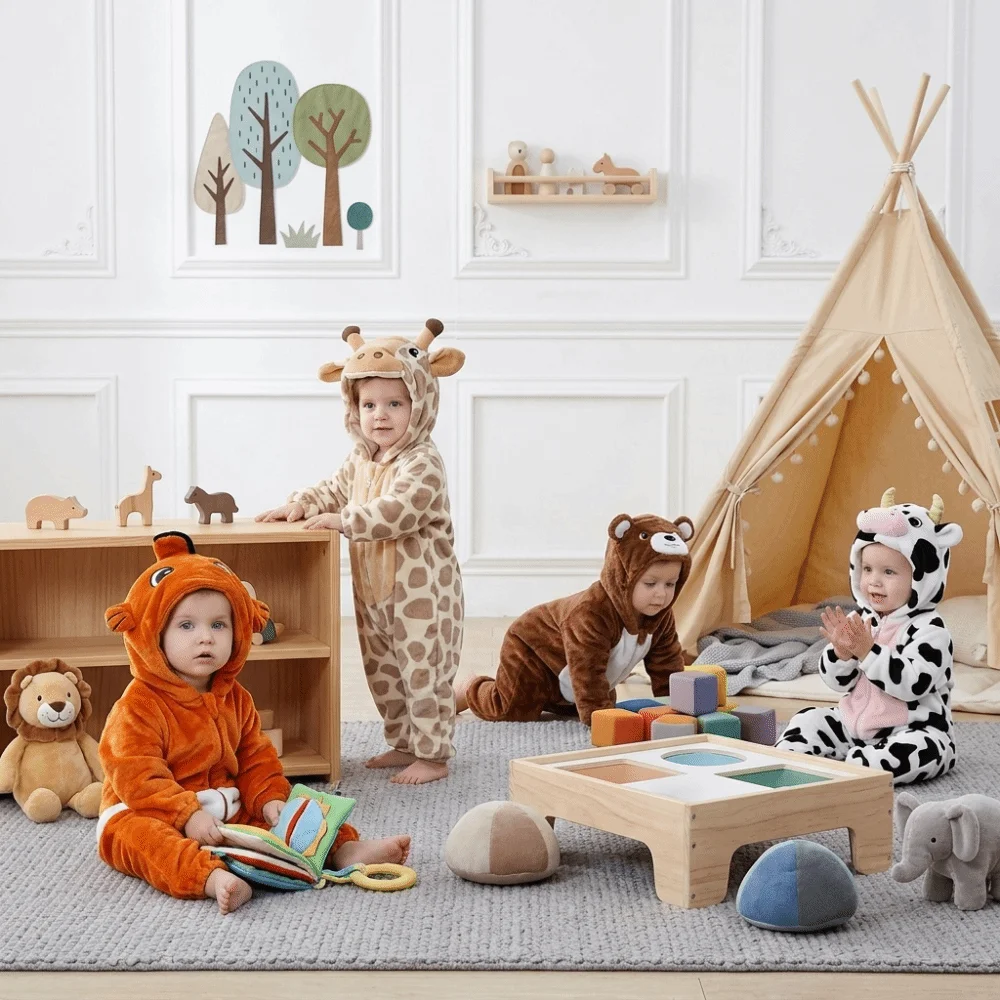 Soft Flannel Baby Hooded Romper Cartoon Animal Hooded Design Toddler Costume Full-Coverage Design Skin-Friendly Holiday Outfit