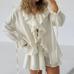Two Piece Sets Women Shorts Pant Set Solid Beach Ruffles Matching Sets Flare Sleeve Tops High Waist Slim Elegant Shorts Pants