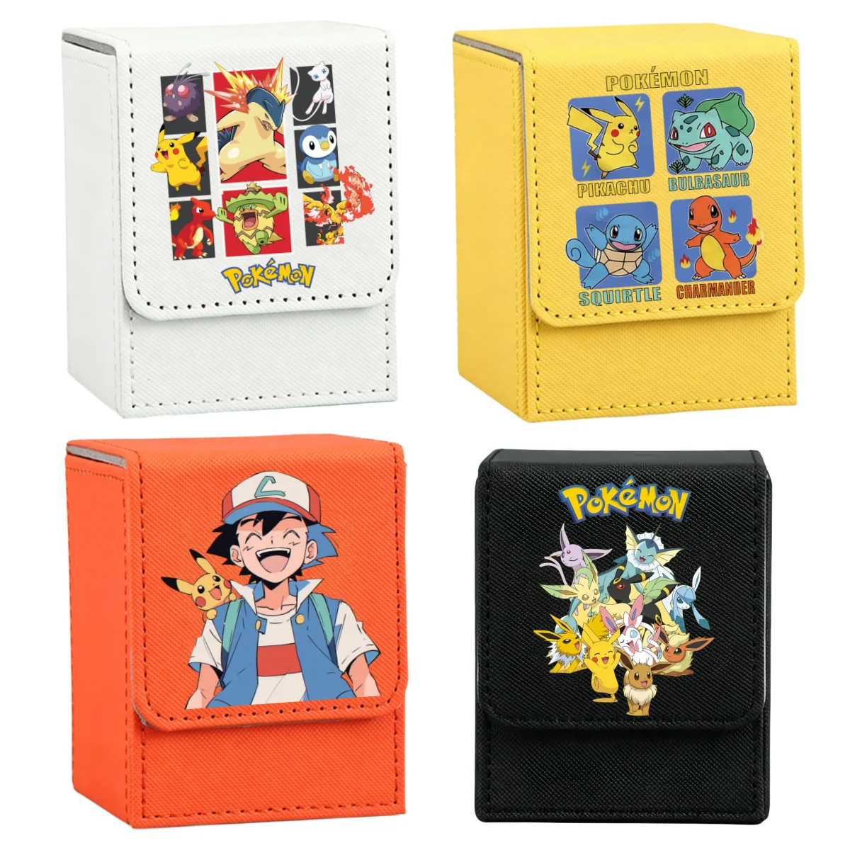 Pokemon-Kartenbox Anime-Figuren Pikachu Bulbasaur Squirtle Eevee Cartoon-Etui Selbstgemachte Spielkartensammelbox aus Leder