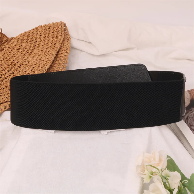 Cintura larga da donna in pelle di vacchetta a due strati, decorazione da donna, cintura da donna nera elasticizzata