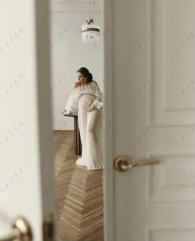 أناقة فستان حمل للنساء الحوامل شير قبالة الكتف ملابس للحمل طويلة الأكمام الكاملة فساتين الحمل مطوي