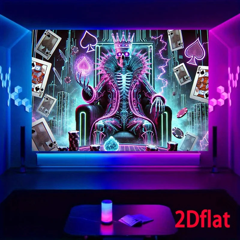 VIKAMA Halloween Gothic Wall Tapestry Neon Crown Throne Skeleton Poker Chip Lightning City Casino Wind Cloth Party Decoration
