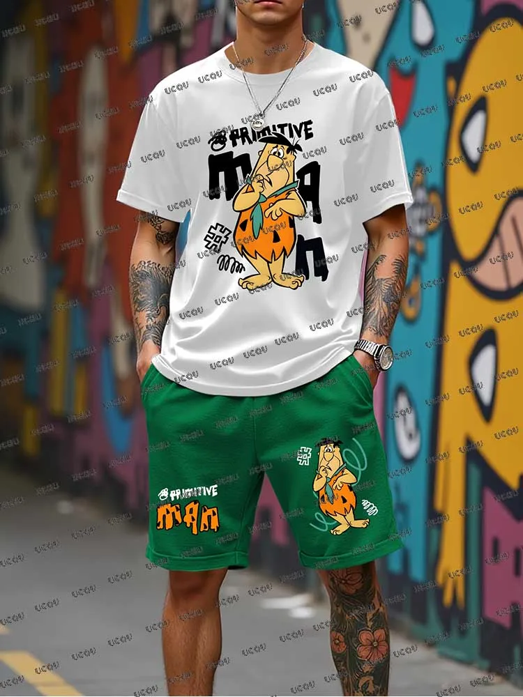 

Summer New Men's Tracksuit Suit Funny Cartoon Pattern Tshirts+Shorts Suits Casual Suit Sports Streetwear 2 Piece Male Clothes