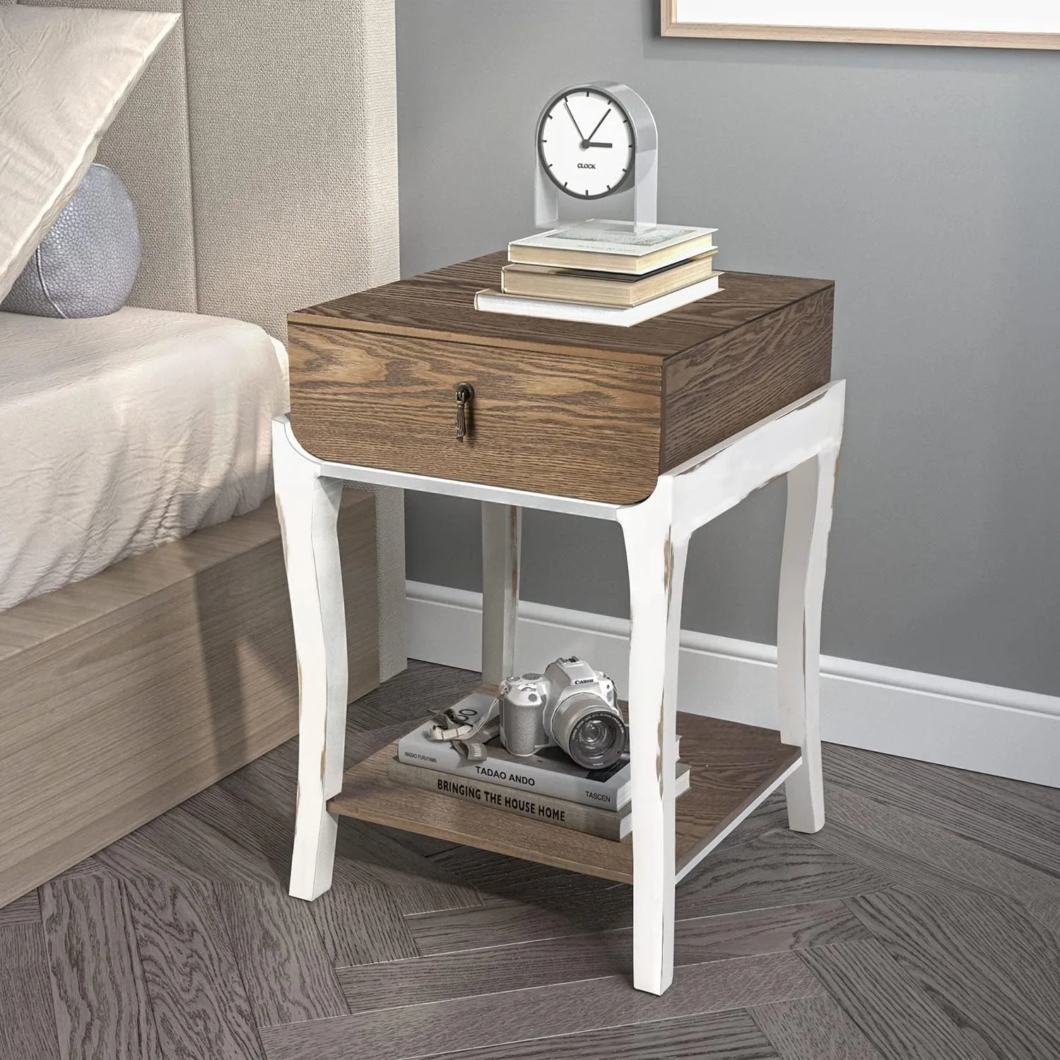 Set of 2 Rustic Nightstand, 2-Tier Farmhouse Bedside Table, Wood Accent End Table with Storage Drawer (White & Walnut)