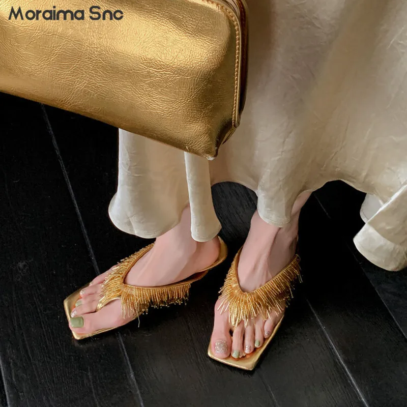 

Tassel Thong Slippers Square Toe Low Heel Summer Slippers Genuine Leather Fashion Beaded Retro Gold Black Women's Sandals