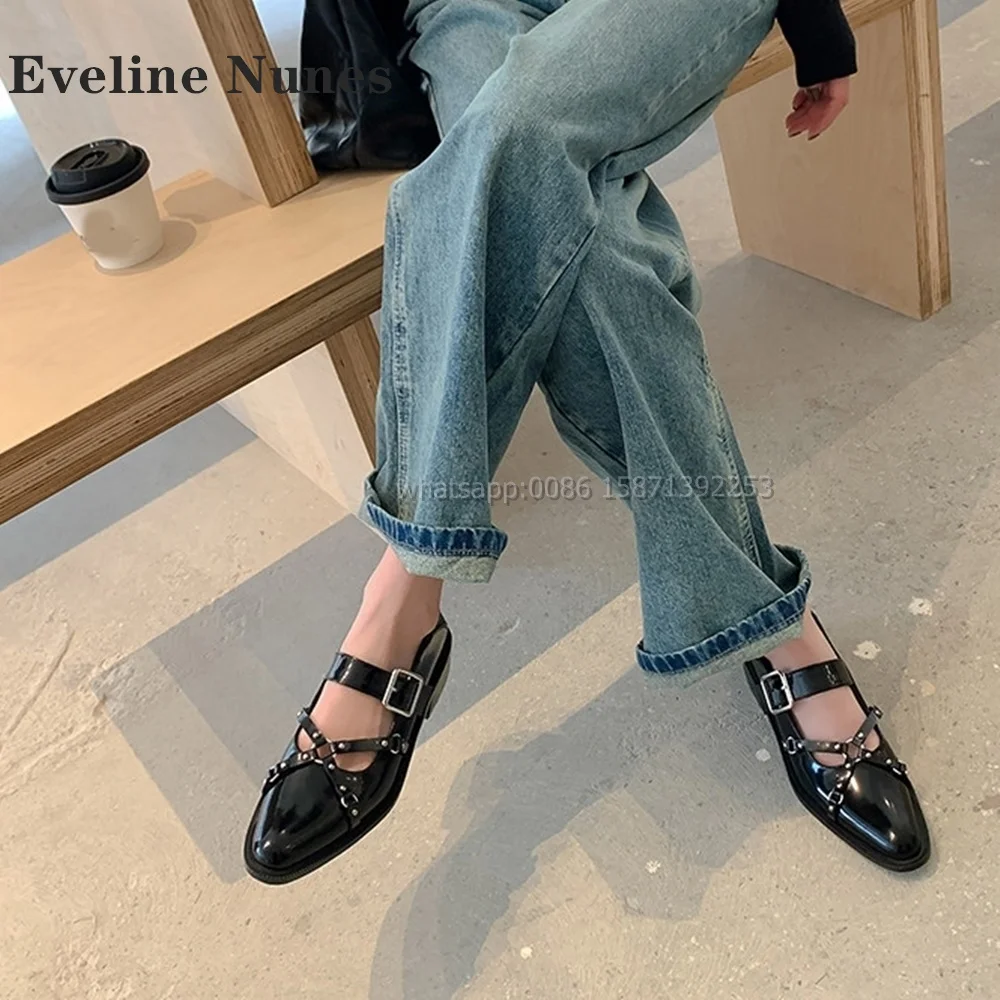 Rivet Cross Tied Shallow Pumps Pointed Toe Square Heel Buckle Strap Hollow Out Black Leather Shoes Sweet Cool Style Shoes 2024