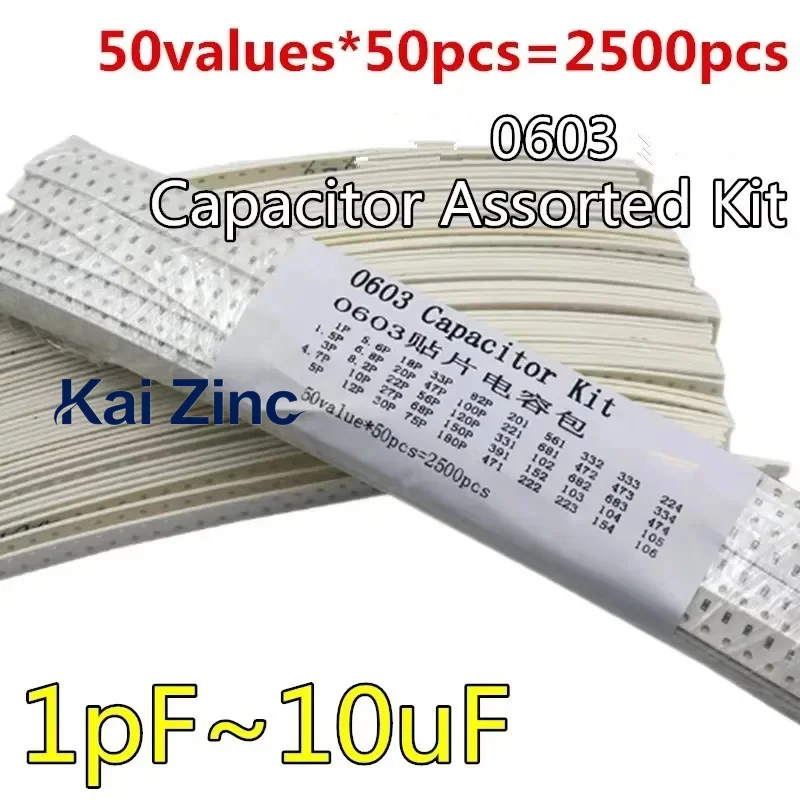 

2500 шт./компл. 1P ~ 10 мкФ SMD 0603 комплект конденсаторов, 50 значений конденсаторов 5,6PF 6,8PF 8,2PF 100PF 1nf 10nf 100nf 1uf 10UF