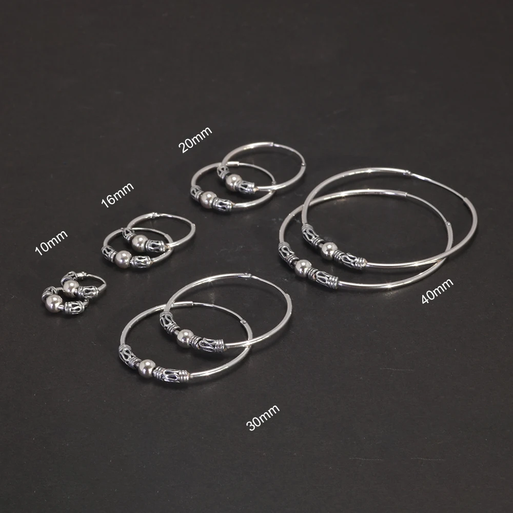 16mm 20mm 30mm 40mm Real 925 Sterling Silver Hoop Earrings for Women Round Circle Retro Vintage Antique Style Women\'s Jewelry