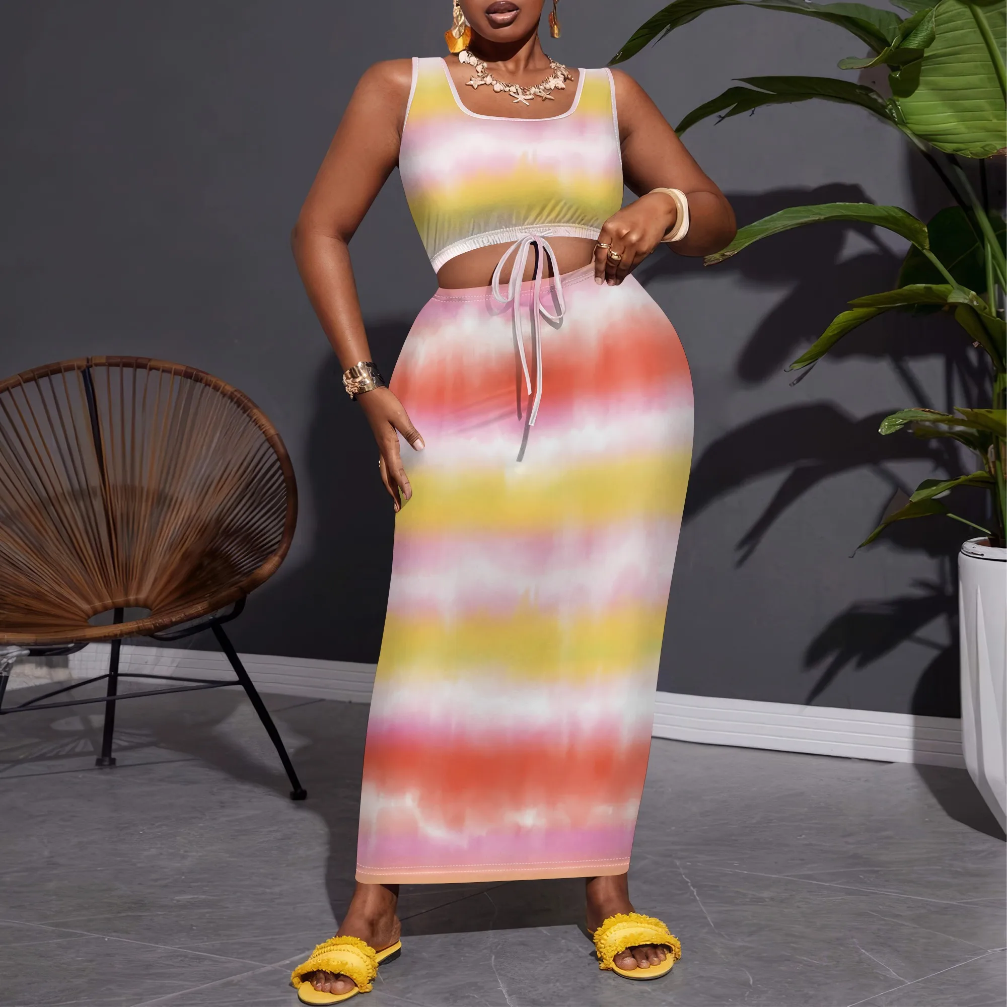 

Nupusa Tie Dye Print Two - Piece Set for Women Plus Size Summer Casual Sleeveless Crop Top & Maxi Skirt Set