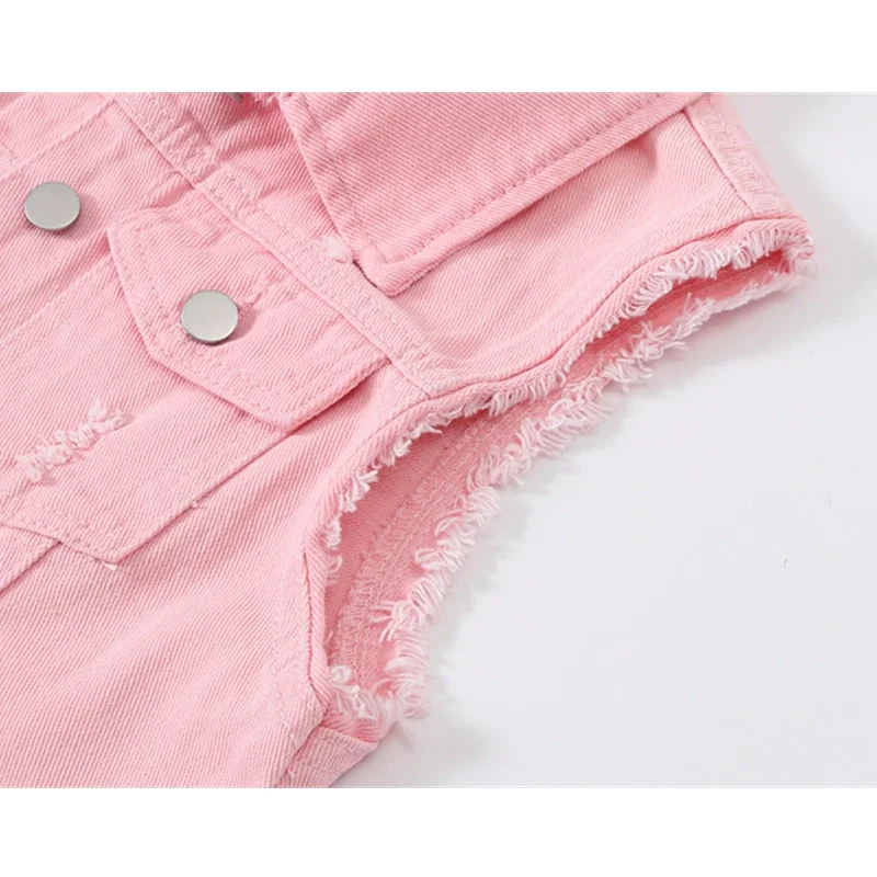 Jaket Rompi Tanpa Lengan Wanita Merah Muda, Mantel Rompi Kerah Kancing Sebaris Mantel Rompi Atasan Kasual Modis Ukuran Asia