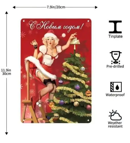 CHRISTMAS METAL TIN SIGN SEXY PIN UP IN RED RED DECORATING CHRISTMAS TREE - ART sign