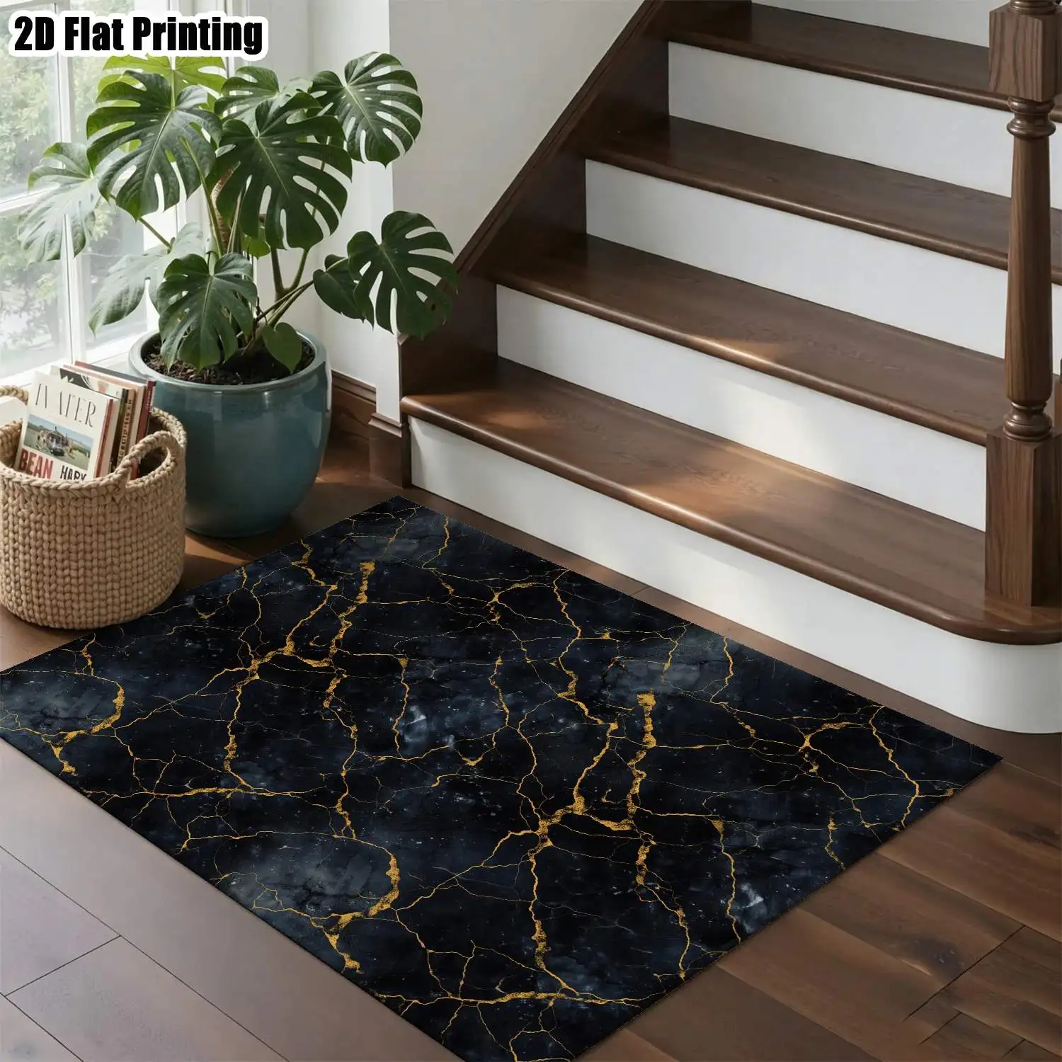 1Pc 2D Printed Carpet: Black & Gold Marble Texture, Nordic/Instagram/Modern Minimalist/Vintage/Geometric Abstract Style, Home Decor, Multi-Size, Machine Washable, for Entrance, Dining Room, Foyer, Bedroom, Living Room