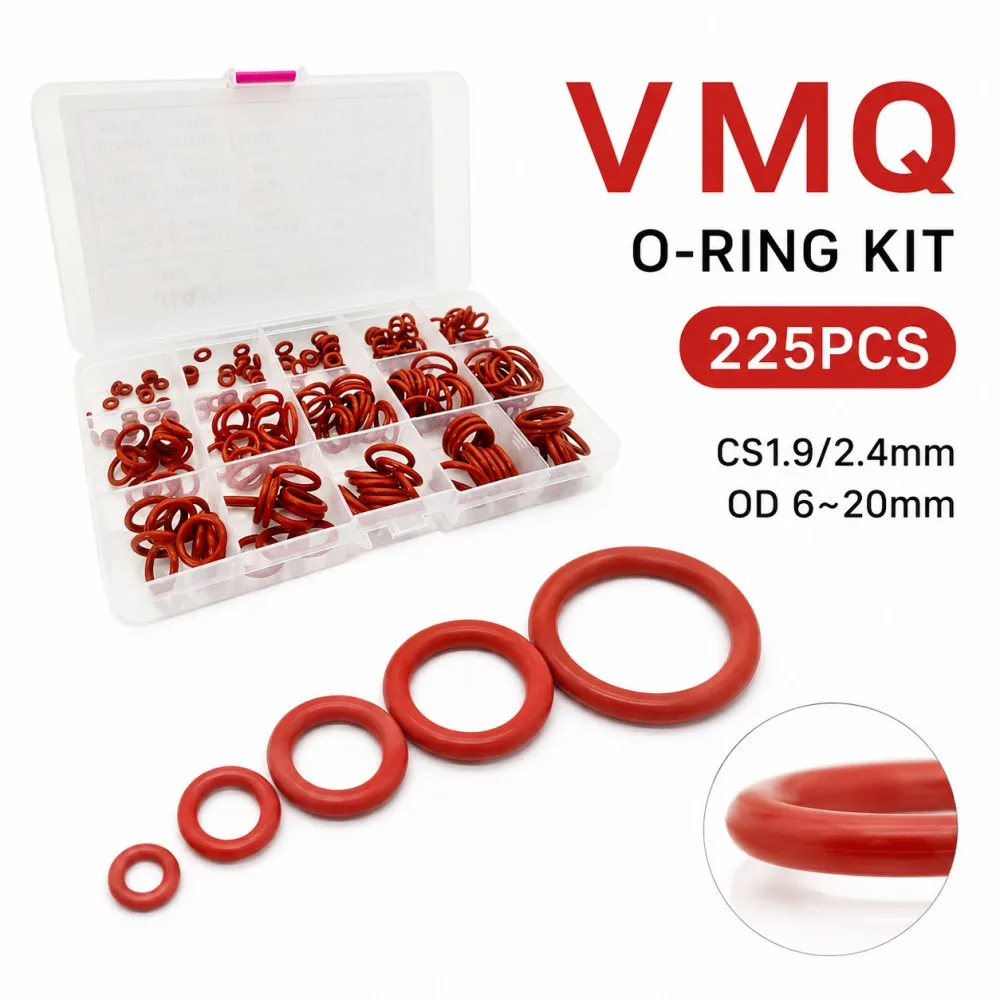225Pcs Food Grade Red VMQ Silicone O Ring Kit, CS1.9/2.4mm, OD 6-20mm, Heat Resistant Non-Toxic Silicon Sealing Gaskets Safe