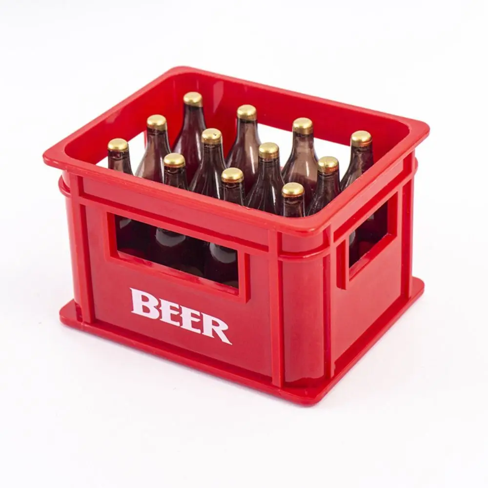 Mini casa de muñecas con marco de resina de cerveza, cesta de almacenamiento con 12 botellas, simulación de bebida, modelo de cerveza, accesorios