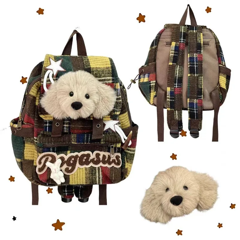Puppy Cute Backpack Retro Checkered Pattern Kids Backpacks for Boy Casual Fashion Backpacks Versatile School Bags Designer Bag