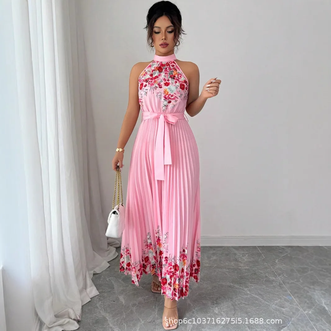 ヨーロッパ系アメリカ人女性用マキシ丈ワンピース カジュアル ノースリーブ ボヘミアン サマー レースアップ 花柄 レトロ プリーツ ロングドレス ベスティドス