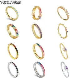 24k banhado a ouro prata minimalista gradiente colorido cristal zircão anéis para meninas anel de noivado de casamento anillos jóias finas