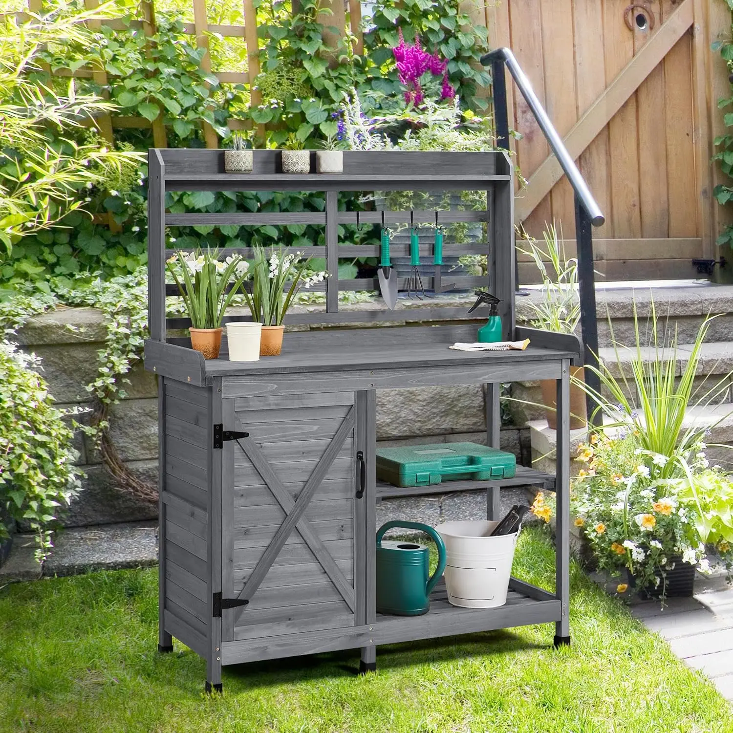 Outdoor Potting Bench, Large Horticulture Work Table Workstation with Storage Cabinet Shelf & Planting Working Console