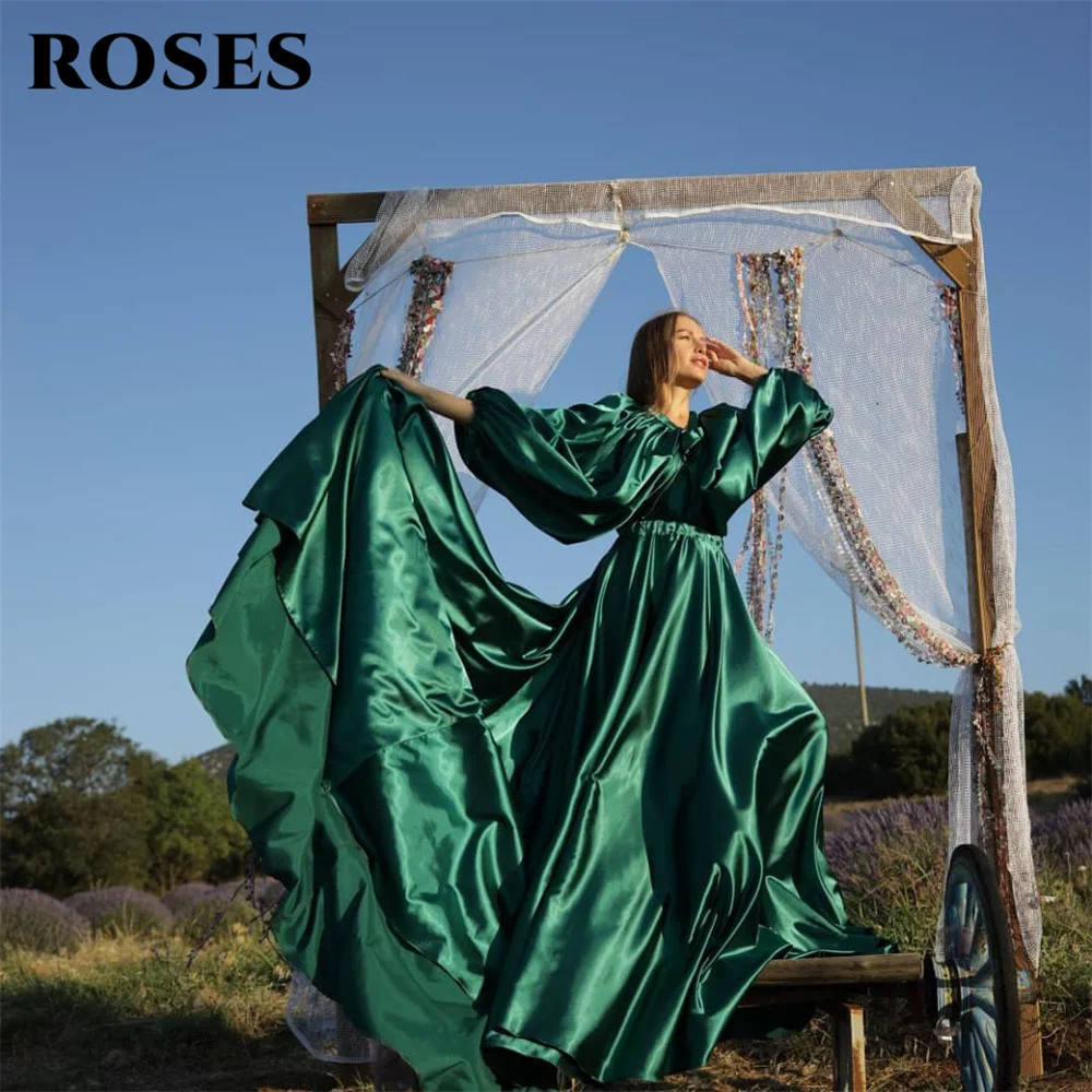 ROSES Drak Green Evening Gown Stain Elegant Prom Dress Puffy Sleeves Wedding Evening Dress with Long Big Train robes de soirée