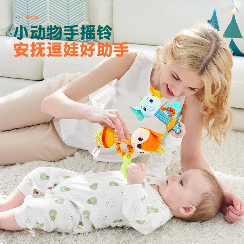 Baby Toys Newborn Cartoon Animals Hand Cranked Bells Toddler Soothing Plush Toys Teething Toy Puzzle Bed Bells Baby Rattle Stuff