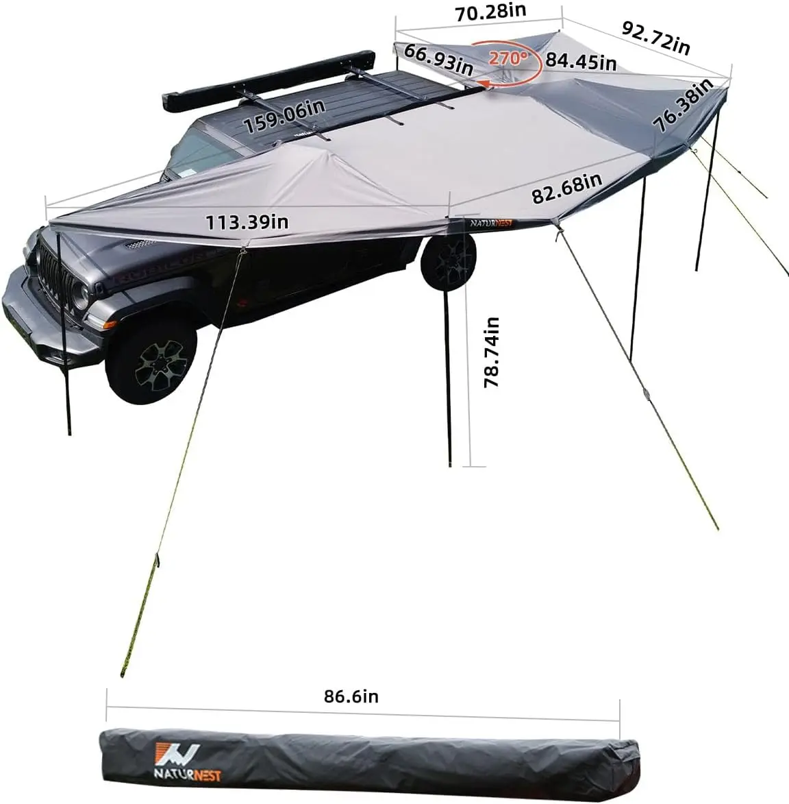 Naturnest 270 Degree Awning, All Car Top Roof Rack Awning For Suv Jeep Truck Van Vehicle Camper, Overland Awning Car 270 Awning