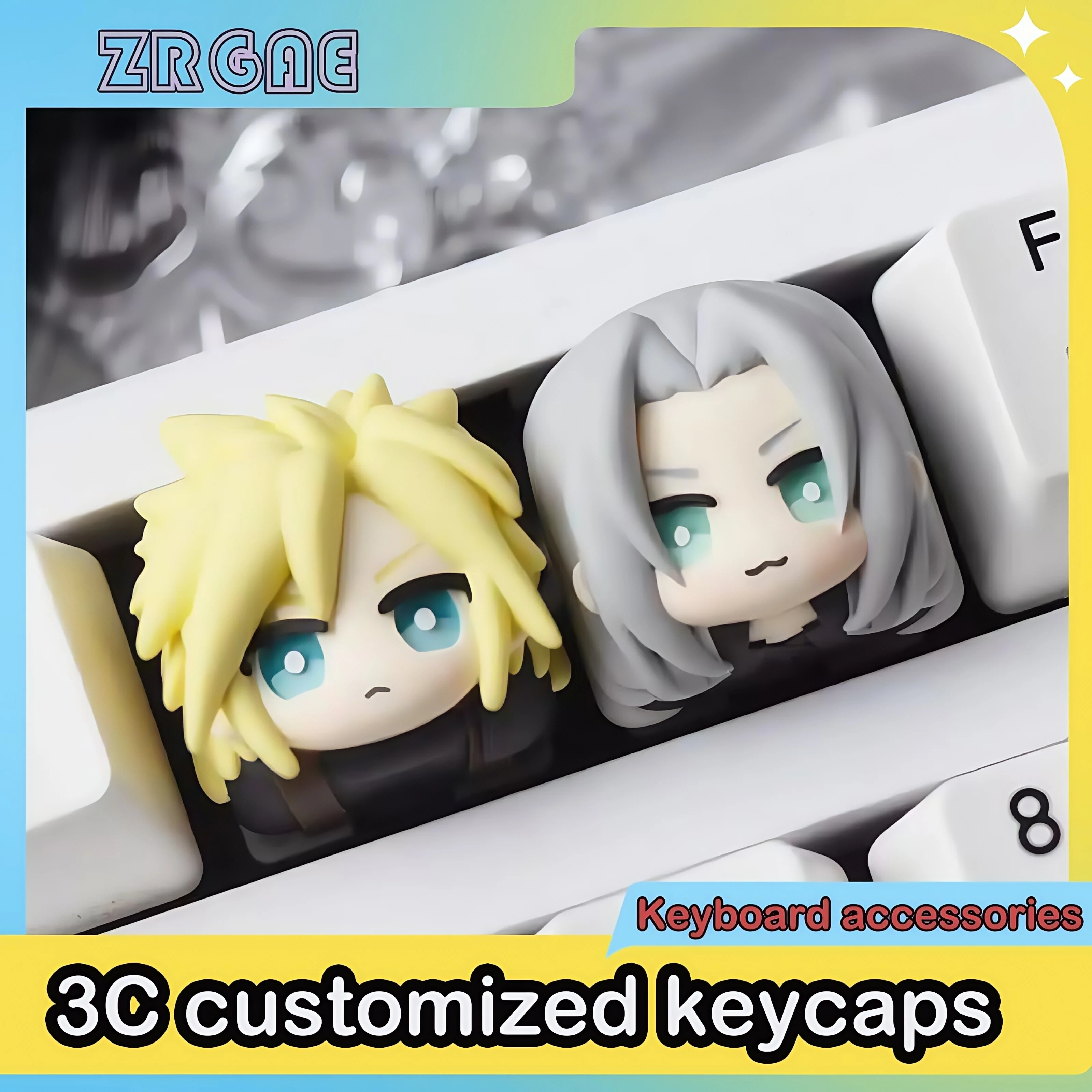 Fantasy adventurer Sephiroth Cloud Strife keycaps, game themed keycaps for mechanical keyboard, artisan keycaps,