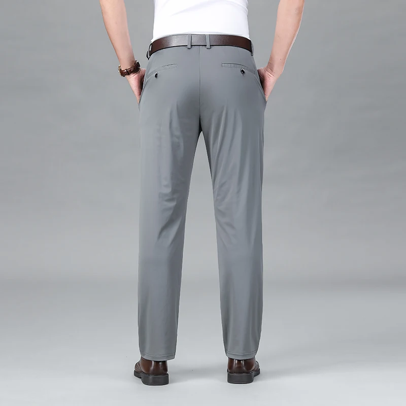 Pantalones casuales de negocios de seda de hielo para hombres, pantalones de traje finos de verano, pantalones elásticos para jóvenes, pantalones de negocios rectos transpirables