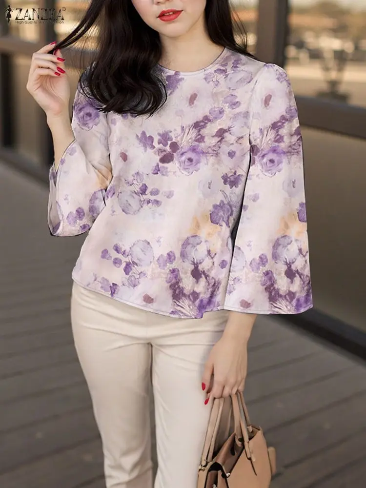 بلوزة نسائية عصرية من ZANZEA قمصان خريفية مطبوعة بالورود 2025 أنيقة 3/4 بأكمام مضيئة ورقبة مستديرة سترة فضفاضة غير رسمية للسيدات