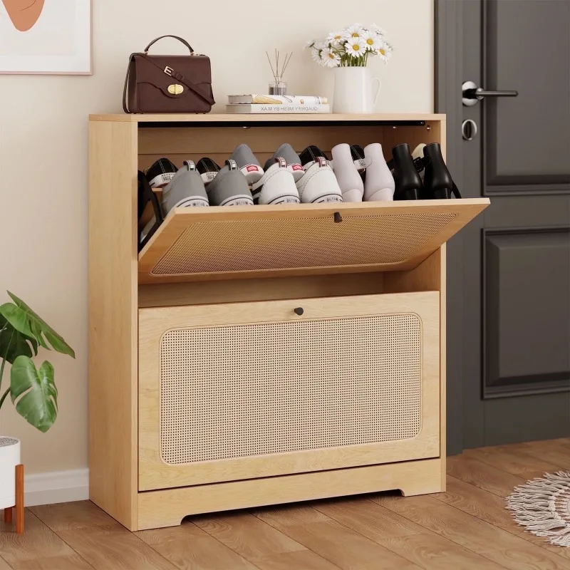 

Шкаф для обуви из ротанга с 2 откидными ящиками и регулируемыми полками. 5-уровневое отдельно стоящее опрокидывающееся ведро. Закрытие для хранения обуви.