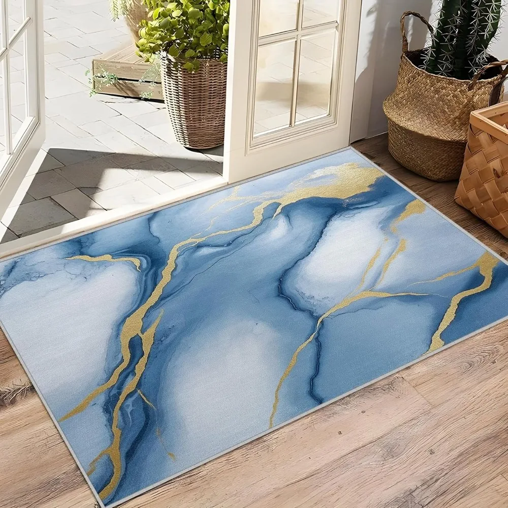 Роскошный абстрактный современный ковер белого, синего и золотого цвета для гостиной — ковер с мраморным рисунком 6x8