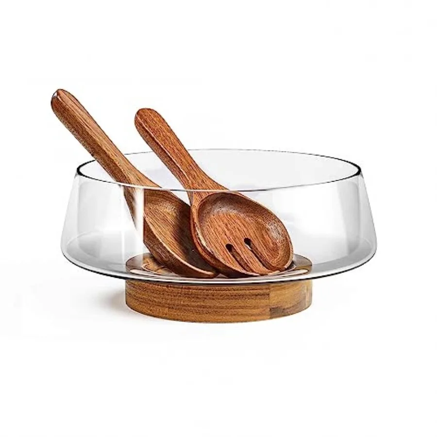 

Extra Large Glass Salad Bowl Set - Party Salad Bowls with Acacia Wood Base and Serving Utensils - Elegant and Practical Kitchen