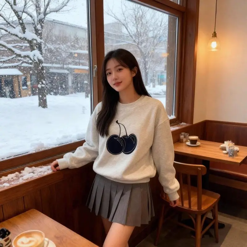 هوديي نسائي دافئ شبابي مرقع صديق للبشرة من قماش الدنيم Fce مستدير Ne صغير الحجم بتصميم الكرز العلوي #2