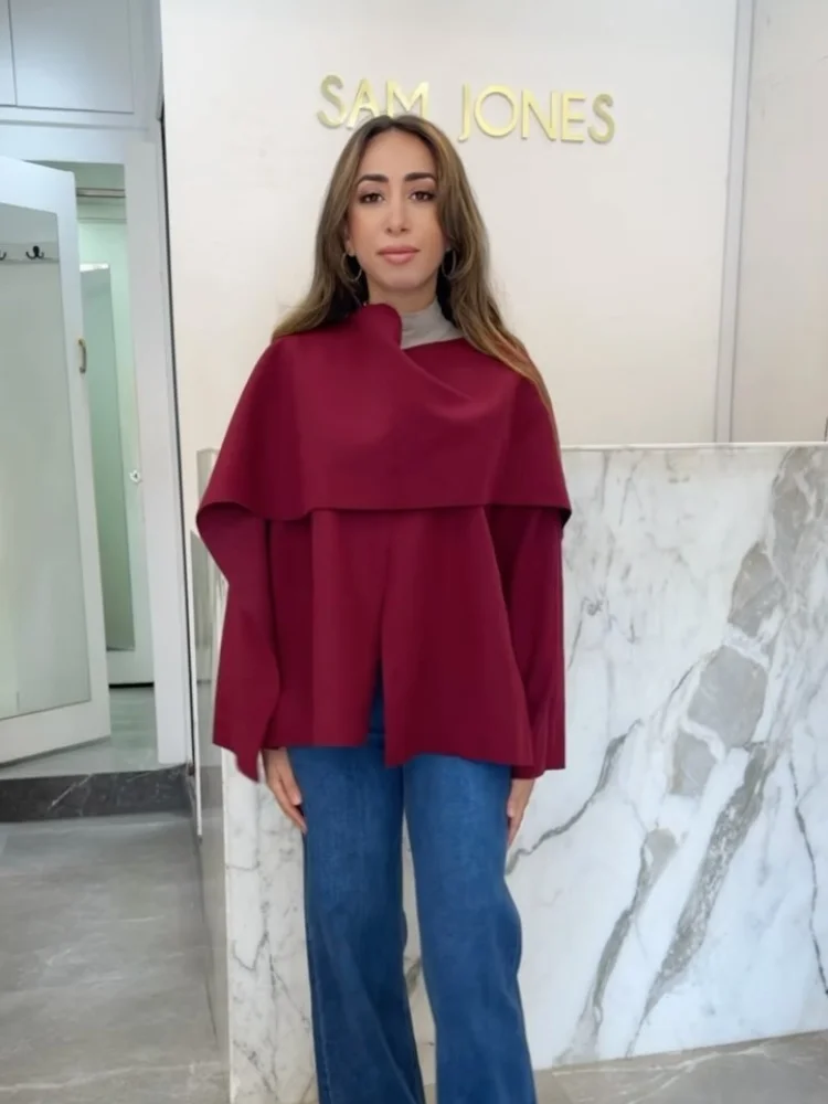 Vrouwen elegante bordeaux sjaalkraag gebreide trui mode effen lange mouwen losse trui herfst chique vrouwelijke warme outwears