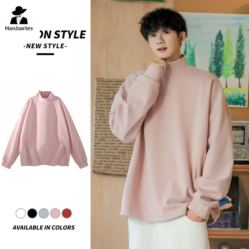 2025 New Men's Sweaters Autumn And Winter Casual Velvet Semi-high Collar Warm Sweatshirt Male Women Korean Solid Color Pullovers