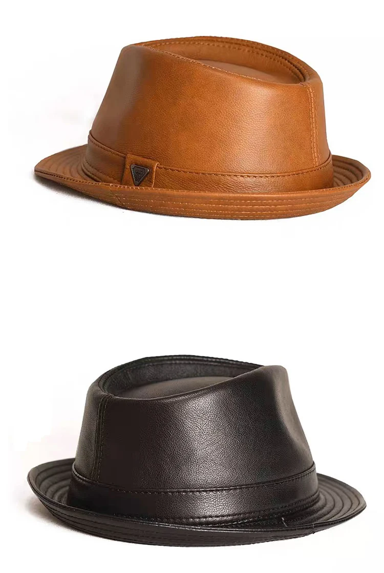 New Man High Quality Genuine Leather Cowhide Formal hat Gentleman Cow Skin Short Brim Black/Brown Top Hat Male Shows Gentleman