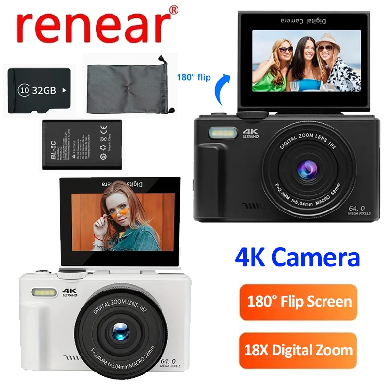 

4K Digital Camera Compact 64MP 18X Digital Zoom Vintage Vlog Video Recorder 3'' 180° Flip Screen for Photography YouTube Web Cam