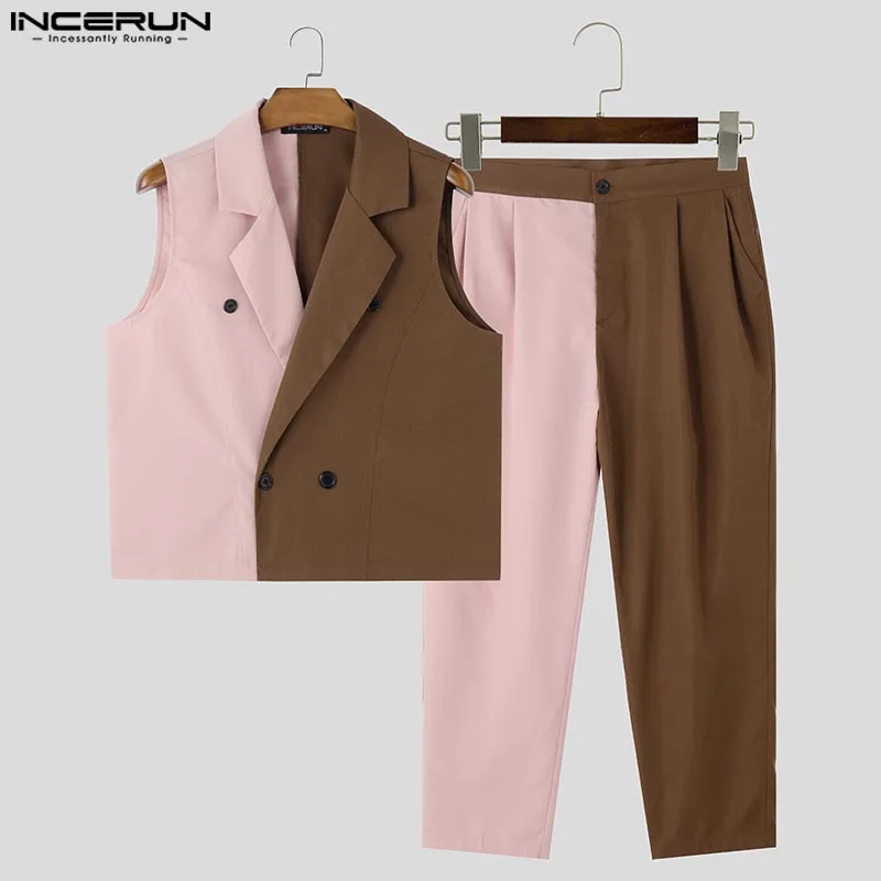 INCERUN 2024 American Style Fashion Sets Handsome Men Splicing Color Contrast Vests Pants Casual Personality Male Two Piece Sets