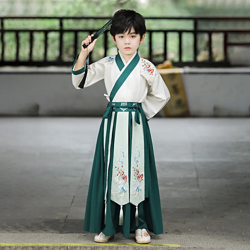 Children's Green Dragon Embroidery Costume Tang Suit Chinese Traditional Improved Boy Hanfu