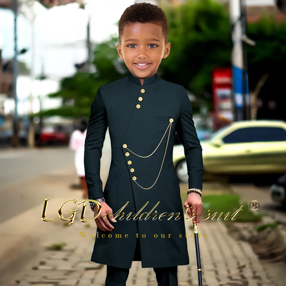 Children aged 3~16 years old, African style single-row gold button jacket and trousers 2-piece customized long suit