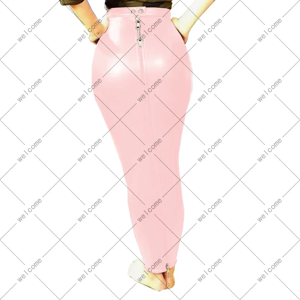 Sexy Female Women PU Leather High Waist Full Zip Lockable Bodycon Sissy Hobble Pencil Skirts Long Skirt Erotic Fetish Elegant